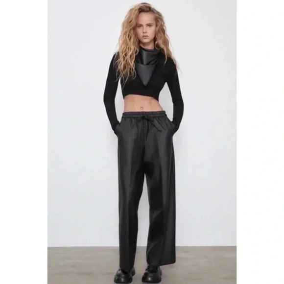 Zara Black High Waisted Waxed Effect Wide Leg Pants XS - Picture 1 of 7